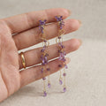 Purple Floral Vine Gold Tone Long Dangle Stud Earrings view 2