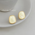 Gold Bezel Cream Enamel Shell Inlay Irregular Oval Studs view 3