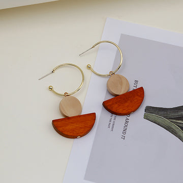 Gold Hoop and Layered Wood Look Semicircle Drop Earrings