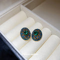 Blue Green Oval Crystal Halo Stud Earrings Jewelry view 2
