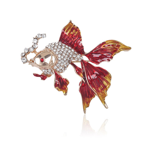 Red enamel goldfish brooch with rhinestone body and bubble trail