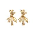 Gold Tone Crystal Bow Tassel Stud Earrings With Polished Metal Details view 5