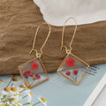 Gold Tone Square Clear Resin Pressed Flower Long Hook Earrings view 6