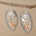 Mixed Metal Leaf Teardrop Drop Earrings Beaded Frame Pearl Pair view 3