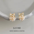 Gold Pave Bow Pearl Cluster Round Stud Earrings Pair view 1