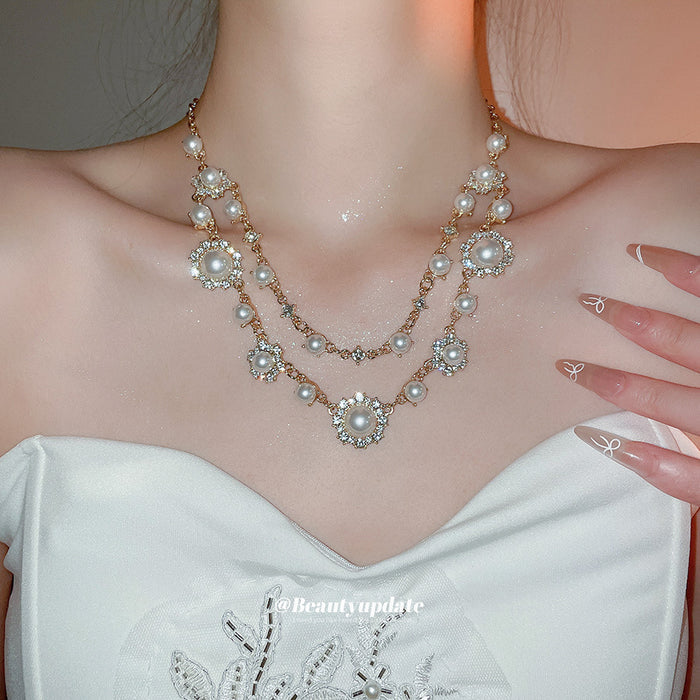 Layered Faux Pearl And Crystal Necklace In Two Finishes