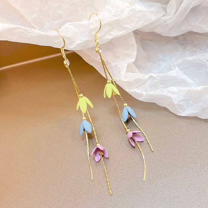Multicolor Three Flower Gold Chain Long Hook Earrings