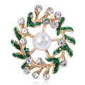 Pearl Center Leaf Wreath Brooch Pin with Clear Crystals view 1