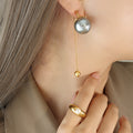 Gold Faux Pearl Stud Earrings Chain Tassel Ball Charm view 3