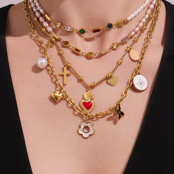 Gold Multi Charm Heart Cross Pearl Layered Necklace Mix
