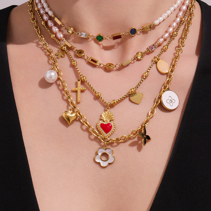 Gold Multi Charm Heart Cross Pearl Layered Necklace Mix