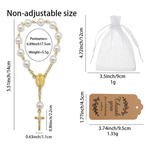 Size chart for white pearl gold rosary bracelet bag and tag