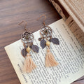 Five Brown Beaded Fringe Boho Statement Long Hook Earrings view 5