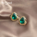 Gold Hammered Teardrop Emerald Green Crystal Stud Earrings view 4