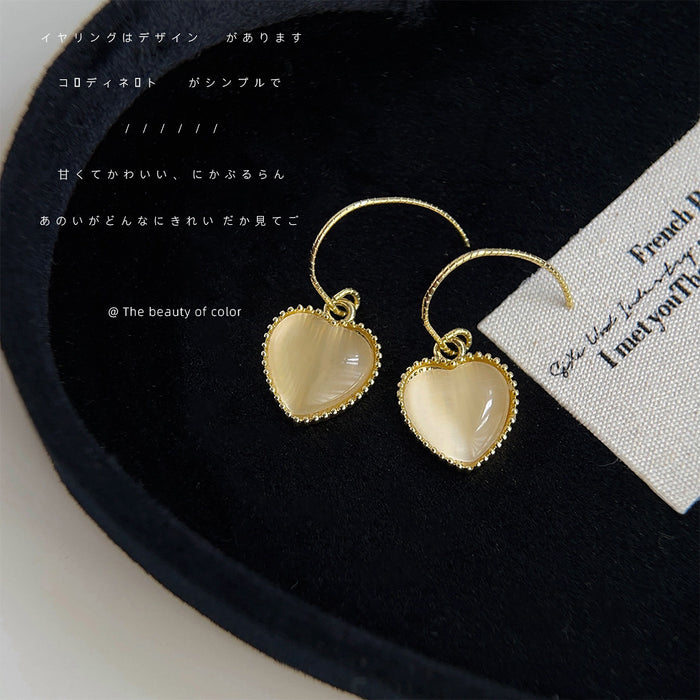 Gold-Tone Beaded Cat's Eye Glass Heart Open Hook Earrings