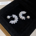 Silver Tone Pearl Look Crescent Stud Earrings with Beaded Texture view 6
