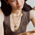 Gold Tone Round Brown Stone Layered Pendant Necklace view 3