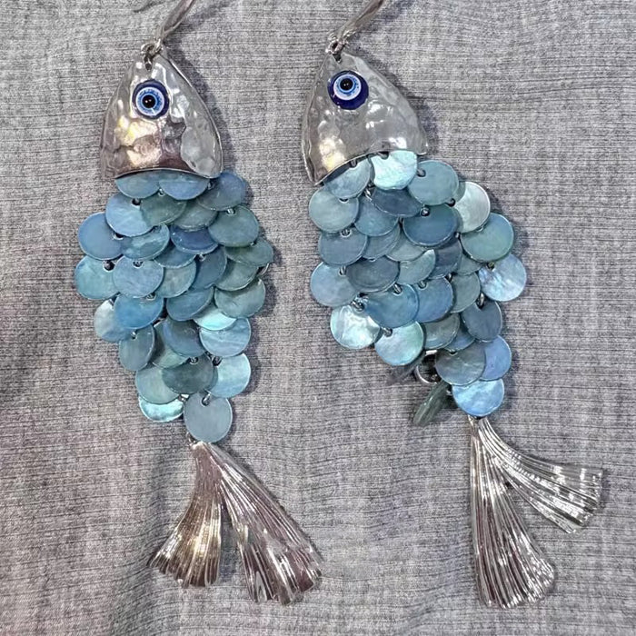 Sequin Fish Hook Earrings in Gold and Blue With Decorative Metal Accents