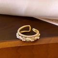 Gold Open Double Band Pearl Pave Leaf Motif Ring Style view 1