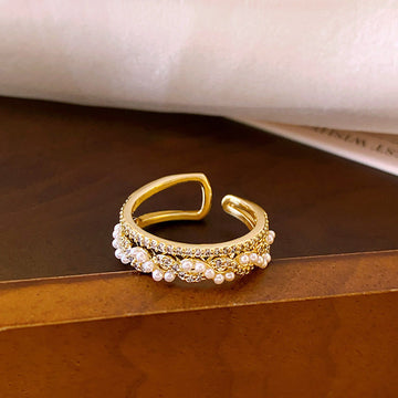 Gold Open Double Band Pearl Pave Leaf Motif Ring Style