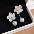 White Flower Stud Earrings With Pearl Drops Jewelry Pair view 6