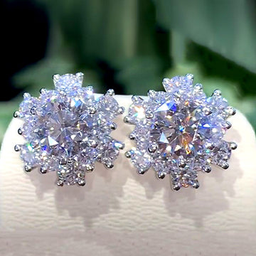 Round Clear Solitaire Floral Halo Stud Earrings In Silver Tone