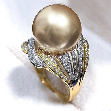 Oversized Champagne Pearl-Like Statement Ring In Two Metal Tones