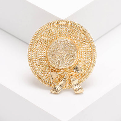 Gold woven texture hat brooch with bow front view