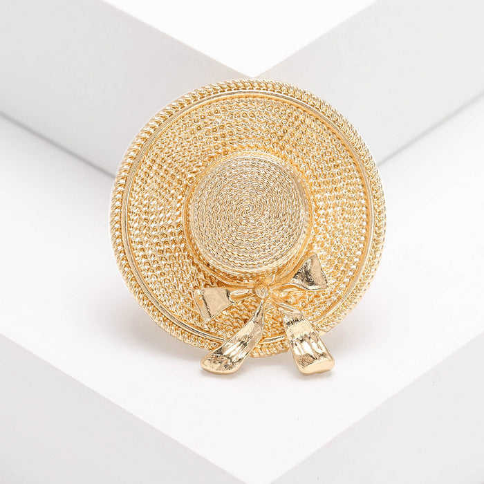 Gold Tone Woven Texture Hat Brooch Ribbon Bow Detail Style