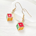 Multicolor Enamel Dice Cube Dangle Earrings Gold Hooks view 3