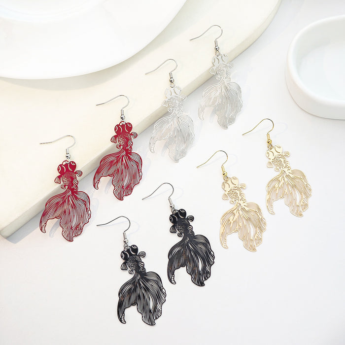 Four Color Hollow Goldfish Double Sided Long Hook Earrings
