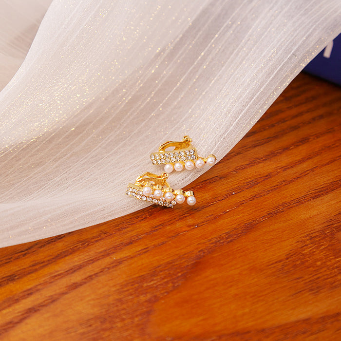 Gold Rhinestone Bar Clip Earrings Faux Pearl Row No Pierce