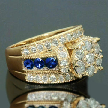 Gold Cluster Clear Blue Channel Wide Band Cocktail Ring