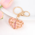 Cat Eye Stone Heart Keychain Rhinestone Gold Clasp Two Colors view 1