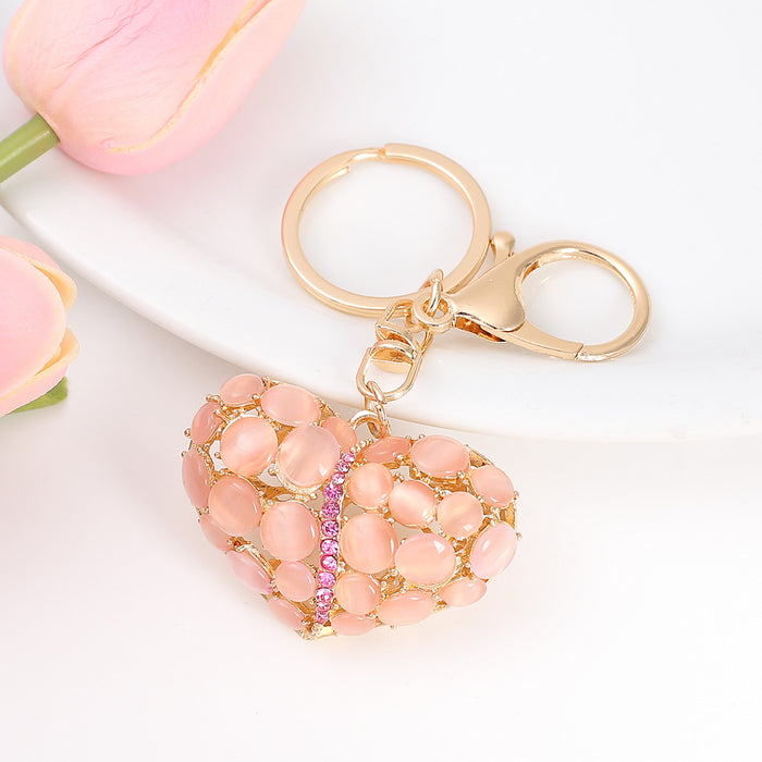 Cat Eye Stone Heart Keychain Rhinestone Gold Clasp Two Colors