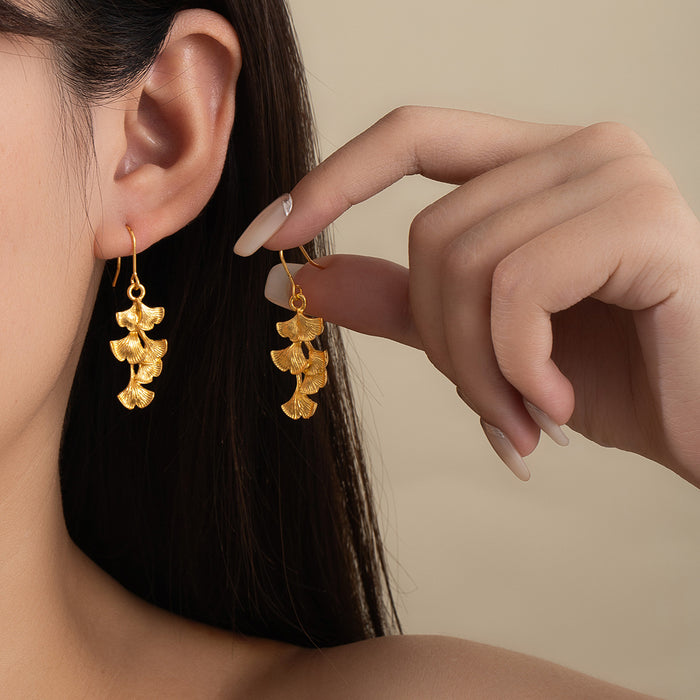 Gold Ginkgo Leaf Cascade Layered Long Hook Earrings