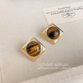 Gold Diamond Frame Tiger Eye Cabochon Stud Earrings view 3