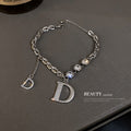 Silver Tone D Letter Charm Chain Bracelet With Clear Stones view 4