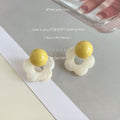 Yellow Round Top And White Marbled Open Flower Stud Earrings view 3