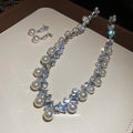 Silver Rhinestone Rhombus Pearl Collar Necklace and Drops view 4