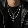 White Beaded Cross Pendant Necklace With Silver Tone Chain view 4