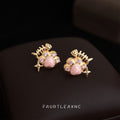 Gold Cat Claw Pink Heart Enamel CZ Accent Stud Earrings view 1