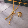 Lion Head Pave Ring Rope Chain Necklace Gold Tone Metal Set view 2
