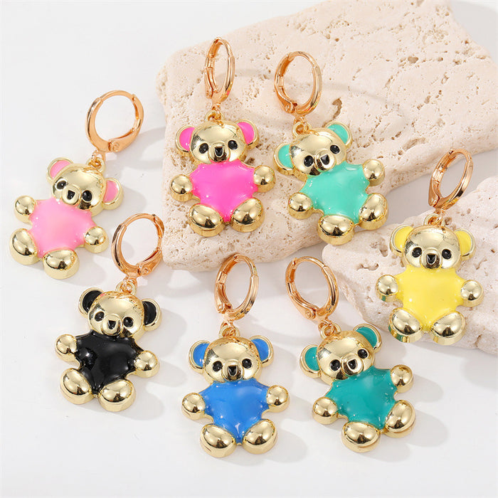 Gold Tone Colorful Bear Huggie Drop Earrings in Seven Colors