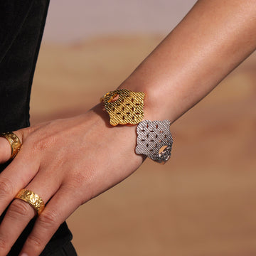 Two-Tone Stainless Steel Wide Geometric Hinge Cuff Bangles