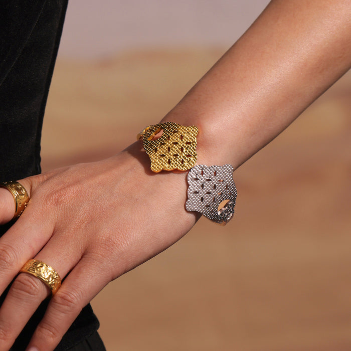 Two-Tone Stainless Steel Wide Geometric Hinge Cuff Bangles