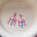 Pink Cloud Star Moon Charm Asymmetric Drop Stud Earrings view 3