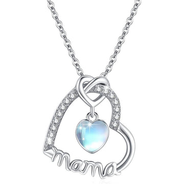 Silver Tone Mama Heart Pendant Necklace with Blue Stone