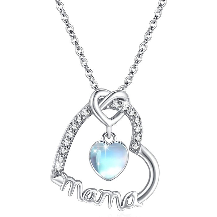 Silver Tone Mama Heart Pendant Necklace with Blue Stone