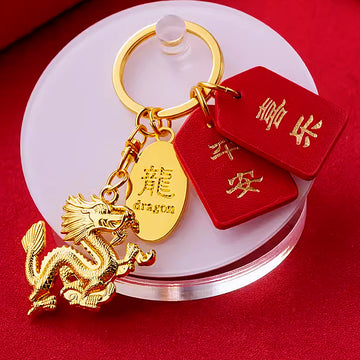Gold Tone Chinese Dragon Keychains with Red Fortune Message Plaques
